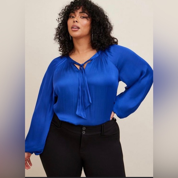 torrid Tops - Torrid - Electric Blue Satin Tie-Front Peasant Blouse
